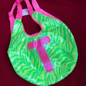 Justice T initial sequin Green Pink Girl Tote Bag